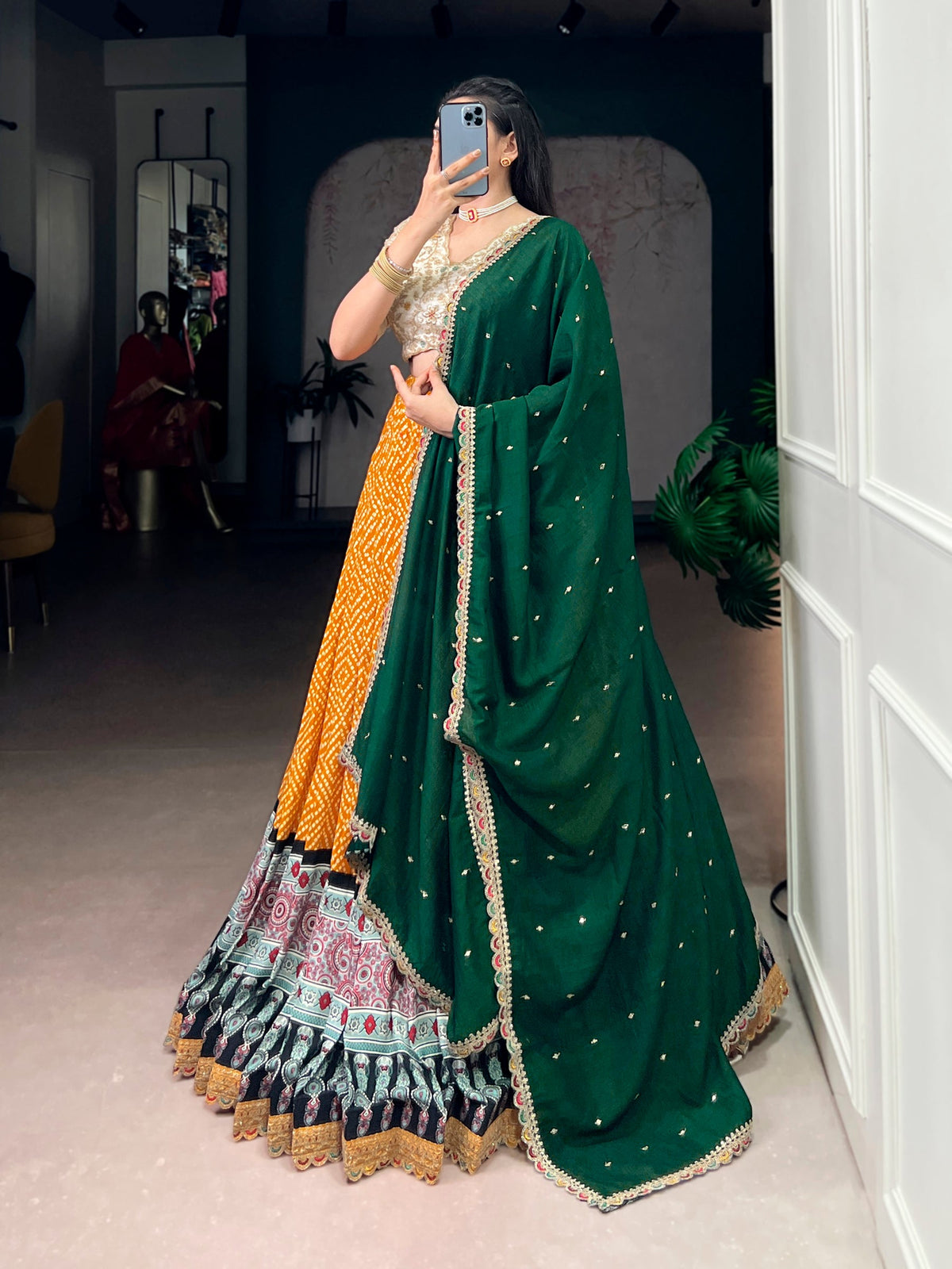 Lorenvalley Fashion Yellow Rayon Bandhej and Ajrakh Print with Sequins and Thread Embroidery Lehenga Choli with Dupatta | Grocsy