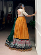 Lorenvalley Fashion Yellow Rayon Bandhej and Ajrakh Print with Sequins and Thread Embroidery Lehenga Choli with Dupatta | Grocsy