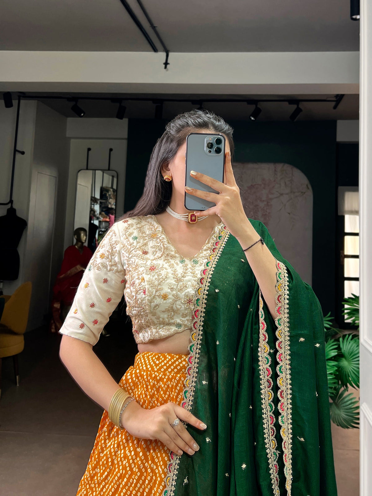 Lorenvalley Fashion Yellow Rayon Bandhej and Ajrakh Print with Sequins and Thread Embroidery Lehenga Choli with Dupatta | Grocsy