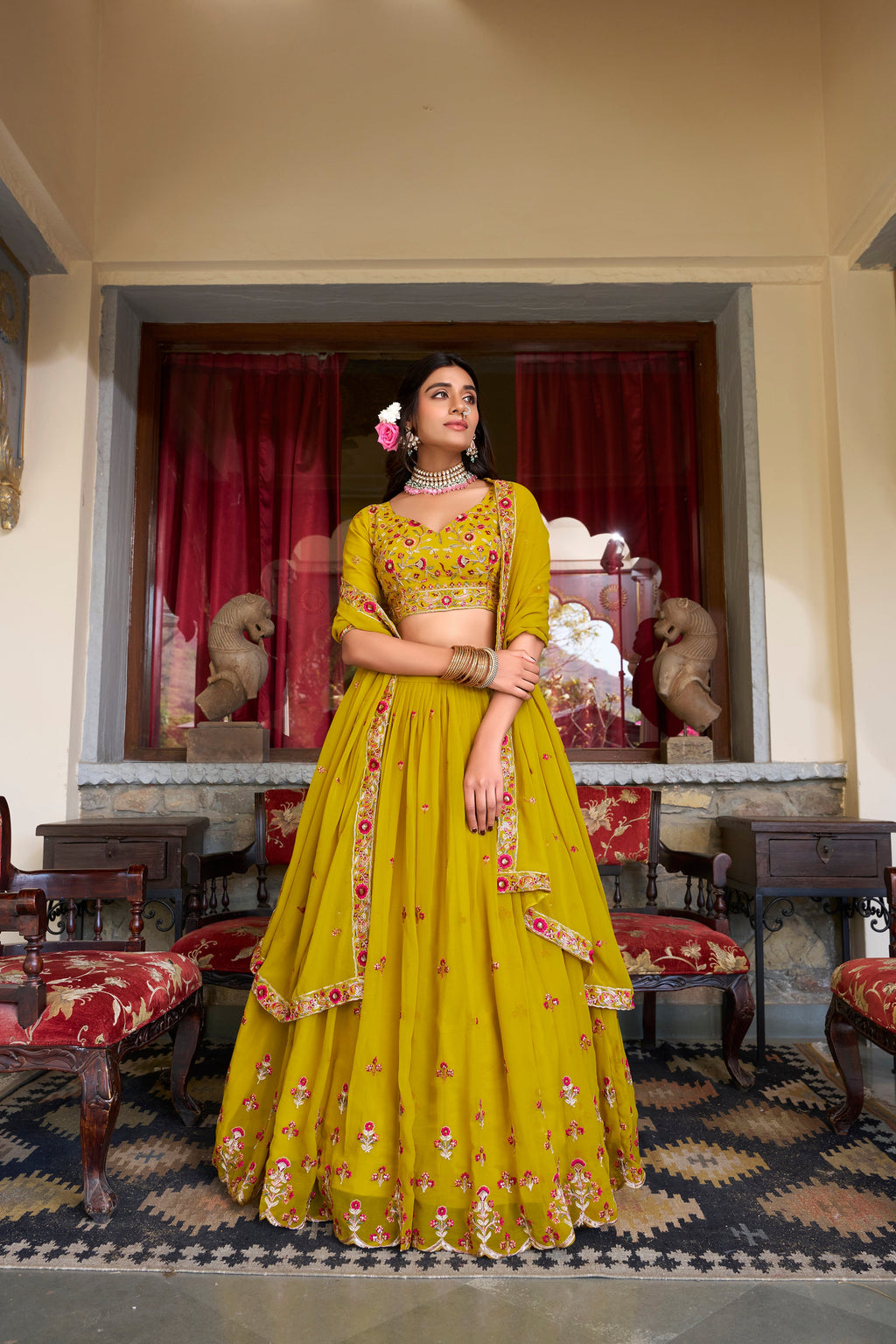 Lorenvalley Mustard Georgette Sequins and Thread Embroidery Work Lehenga Choli | Grocsy