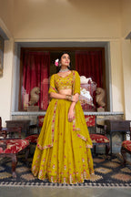 Lorenvalley Mustard Georgette Sequins and Thread Embroidery Work Lehenga Choli | Grocsy