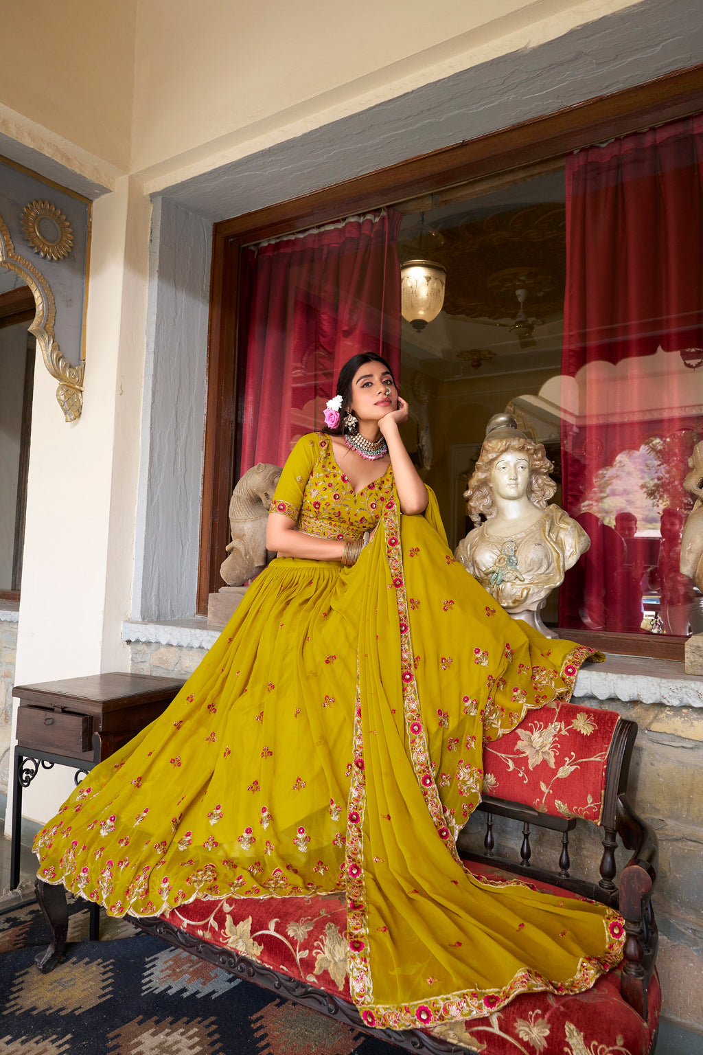 Lorenvalley Mustard Georgette Sequins and Thread Embroidery Work Lehenga Choli | Grocsy