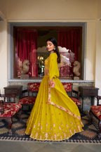 Lorenvalley Mustard Georgette Sequins and Thread Embroidery Work Lehenga Choli | Grocsy