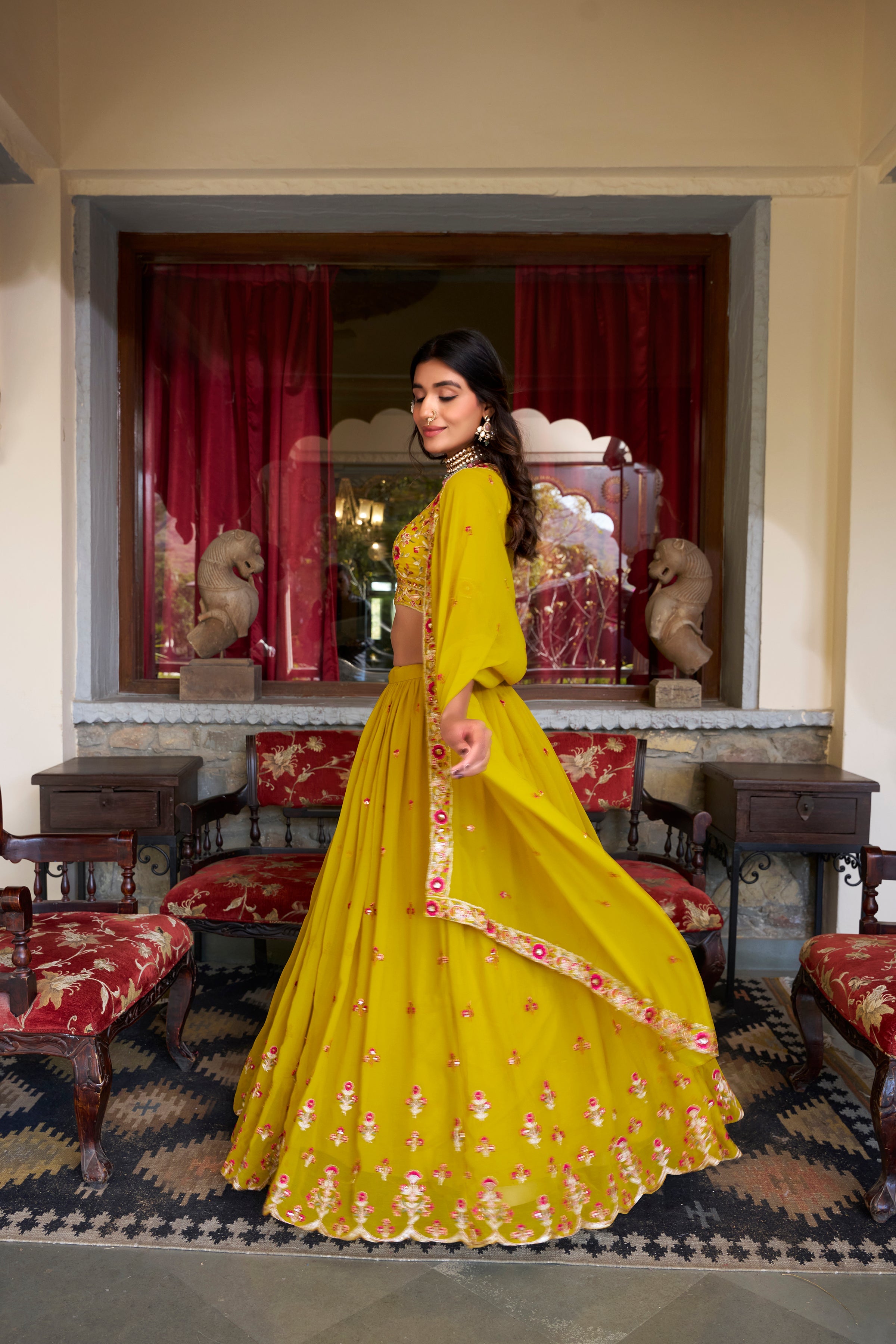 Lorenvalley Mustard Georgette Sequins and Thread Embroidery Work Lehenga Choli | Grocsy