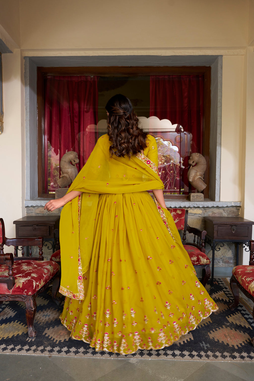Lorenvalley Mustard Georgette Sequins and Thread Embroidery Work Lehenga Choli | Grocsy