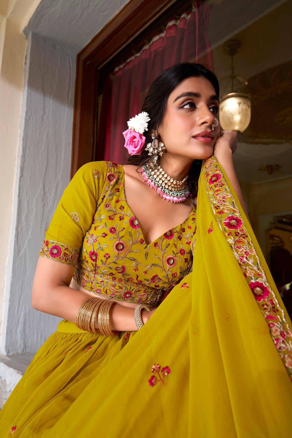 Lorenvalley Mustard Georgette Sequins and Thread Embroidery Work Lehenga Choli | Grocsy