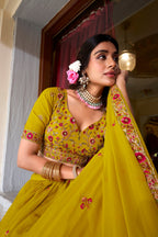 Lorenvalley Mustard Georgette Sequins and Thread Embroidery Work Lehenga Choli | Grocsy
