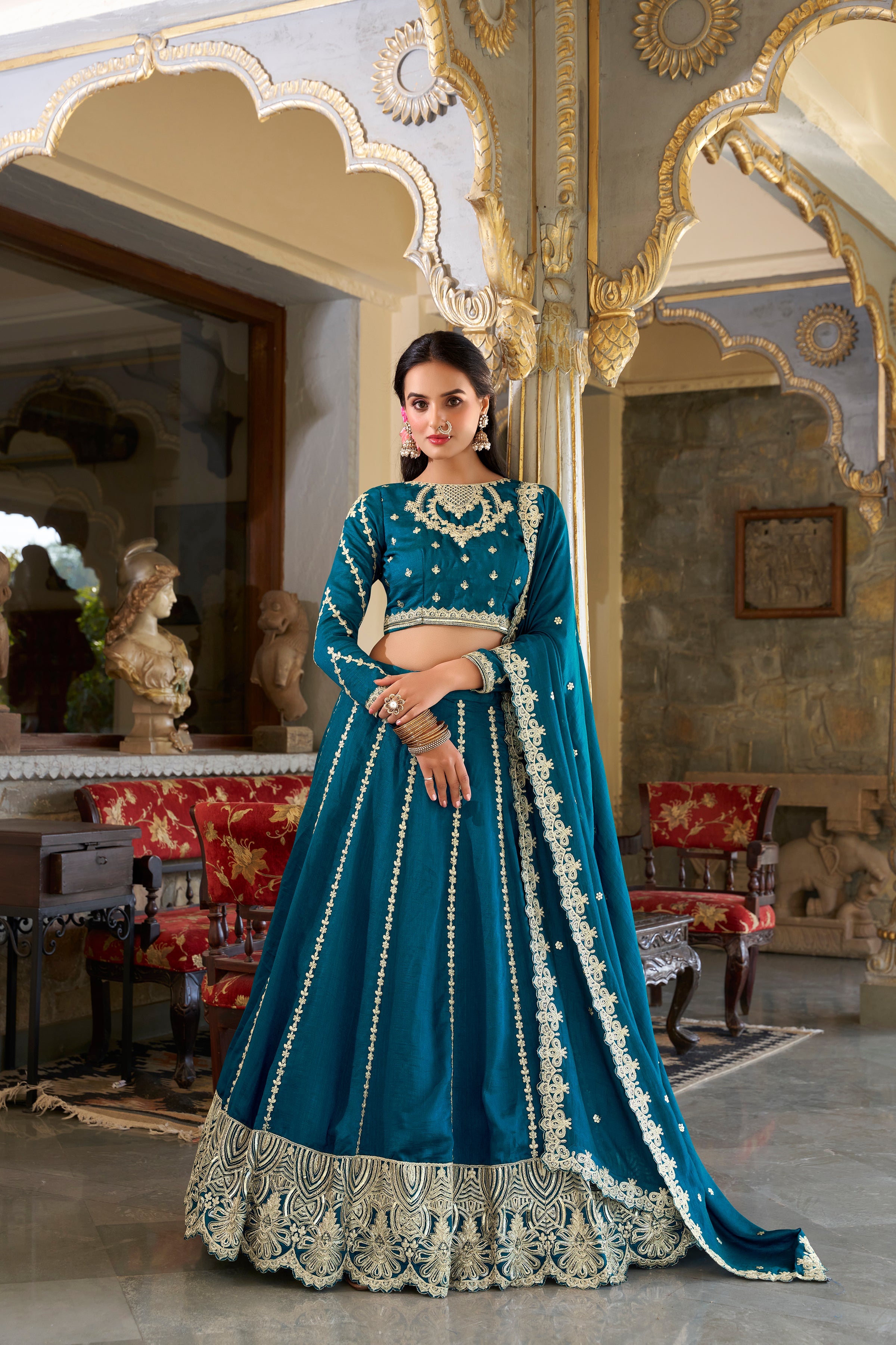 Lorenvalley Rama Vichitra Silk Sequins and Thread Embroidery Work Lehenga Choli | Grocsy