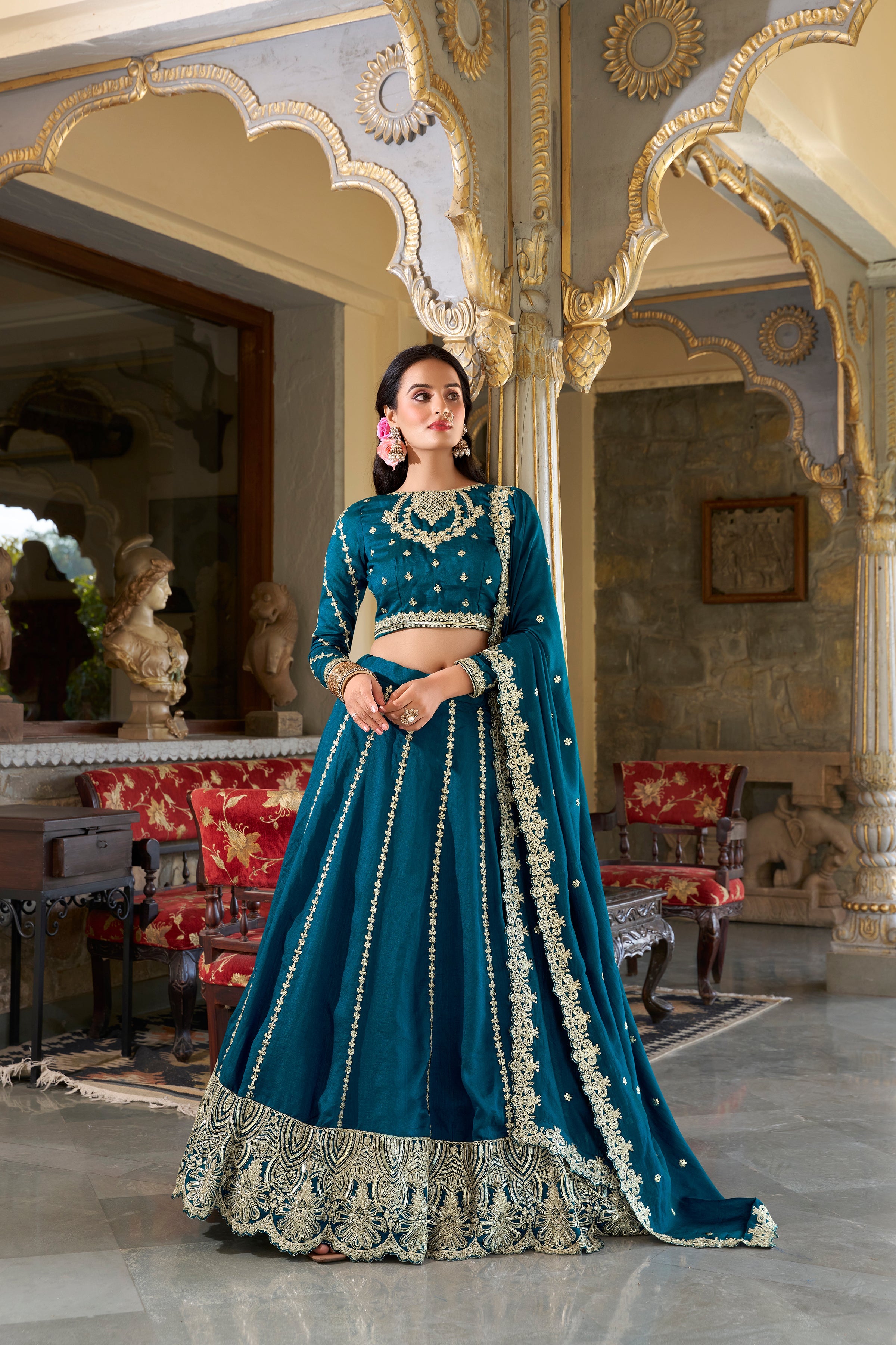 Lorenvalley Rama Vichitra Silk Sequins and Thread Embroidery Work Lehenga Choli | Grocsy