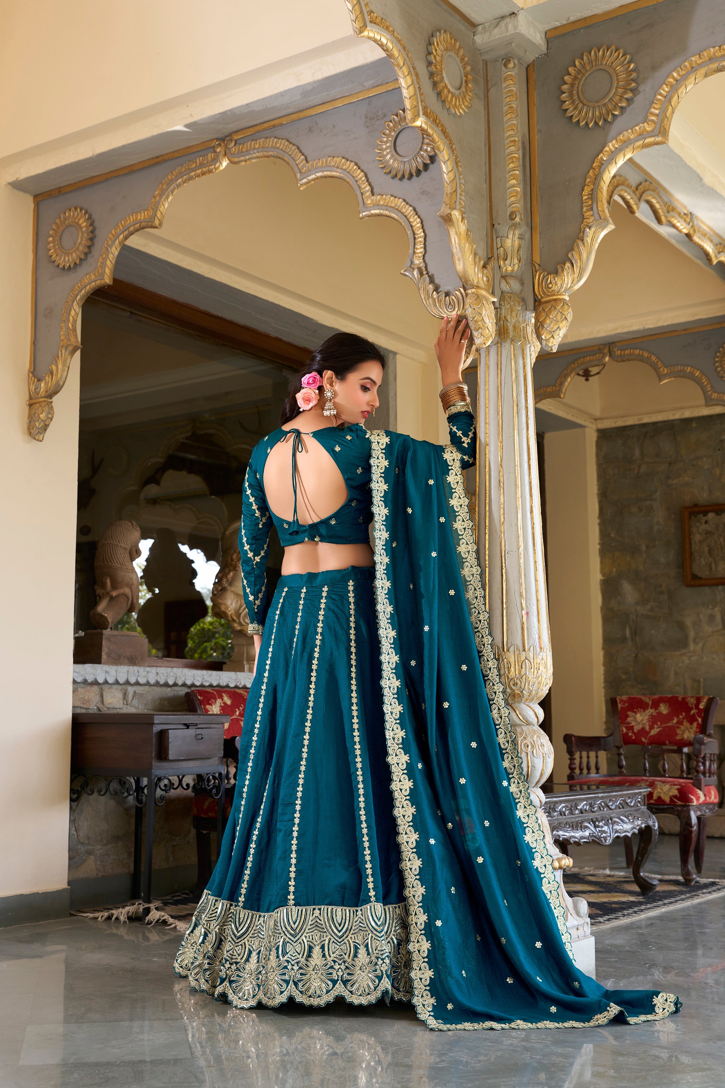 Lorenvalley Rama Vichitra Silk Sequins and Thread Embroidery Work Lehenga Choli | Grocsy