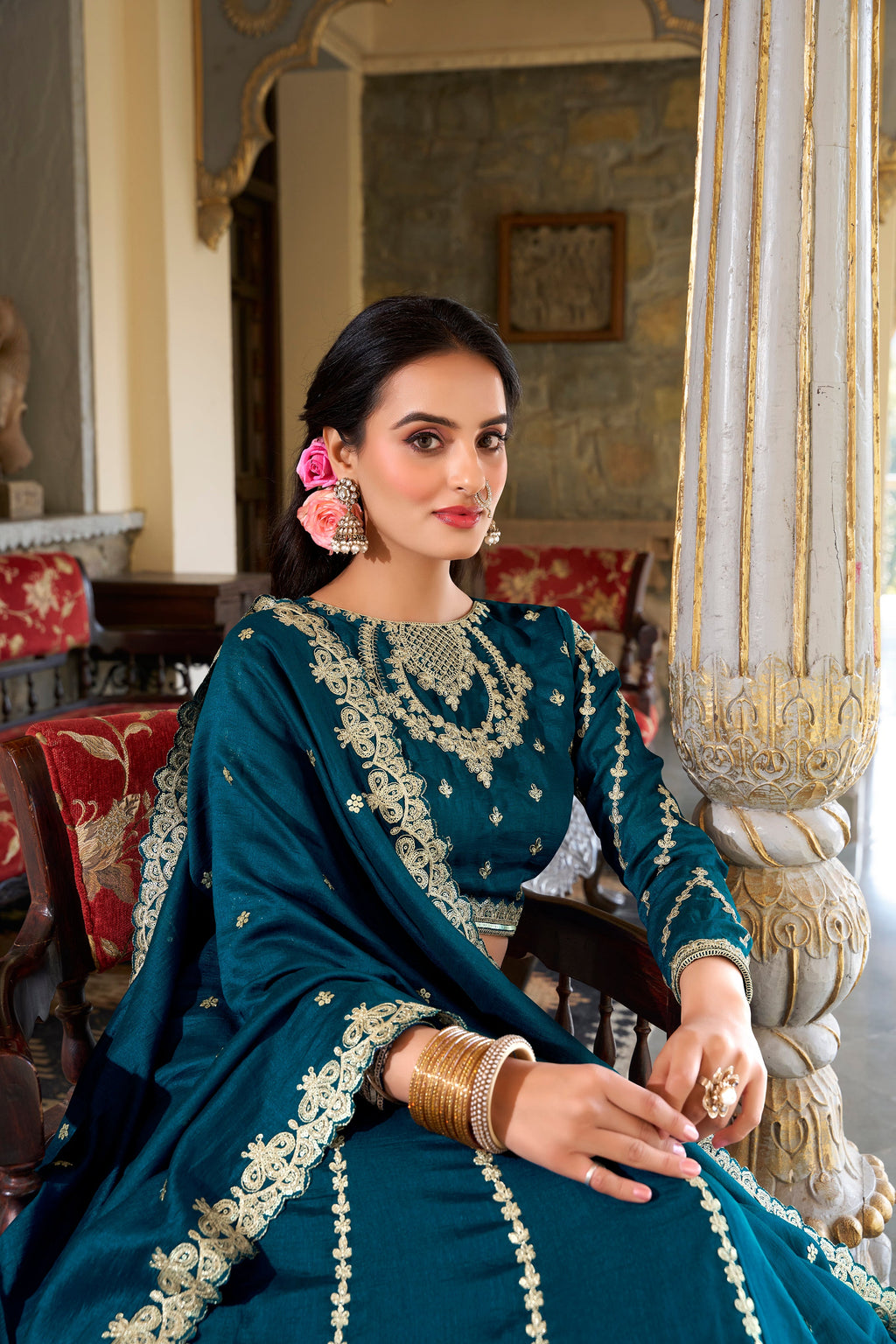 Lorenvalley Rama Vichitra Silk Sequins and Thread Embroidery Work Lehenga Choli | Grocsy