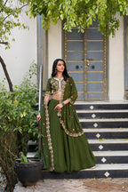 Lorenvalley Mehendi Georgette Plain Lehenga with Sequins and Thread Embroidery Work Choli Dupatta | Grocsy