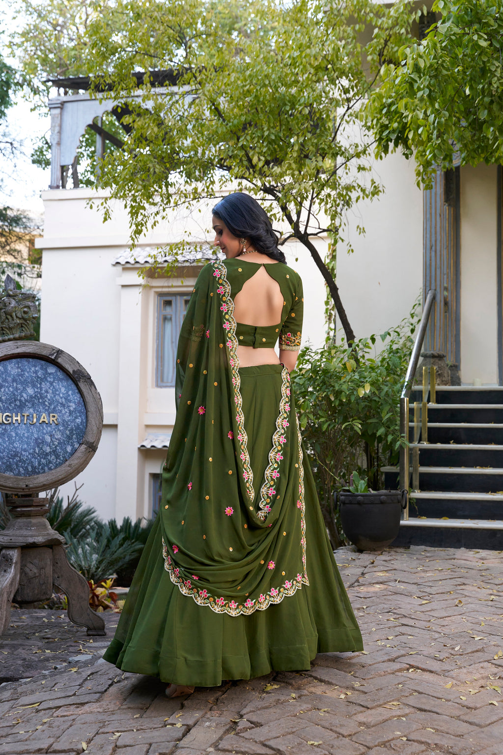 Lorenvalley Mehendi Georgette Plain Lehenga with Sequins and Thread Embroidery Work Choli Dupatta | Grocsy