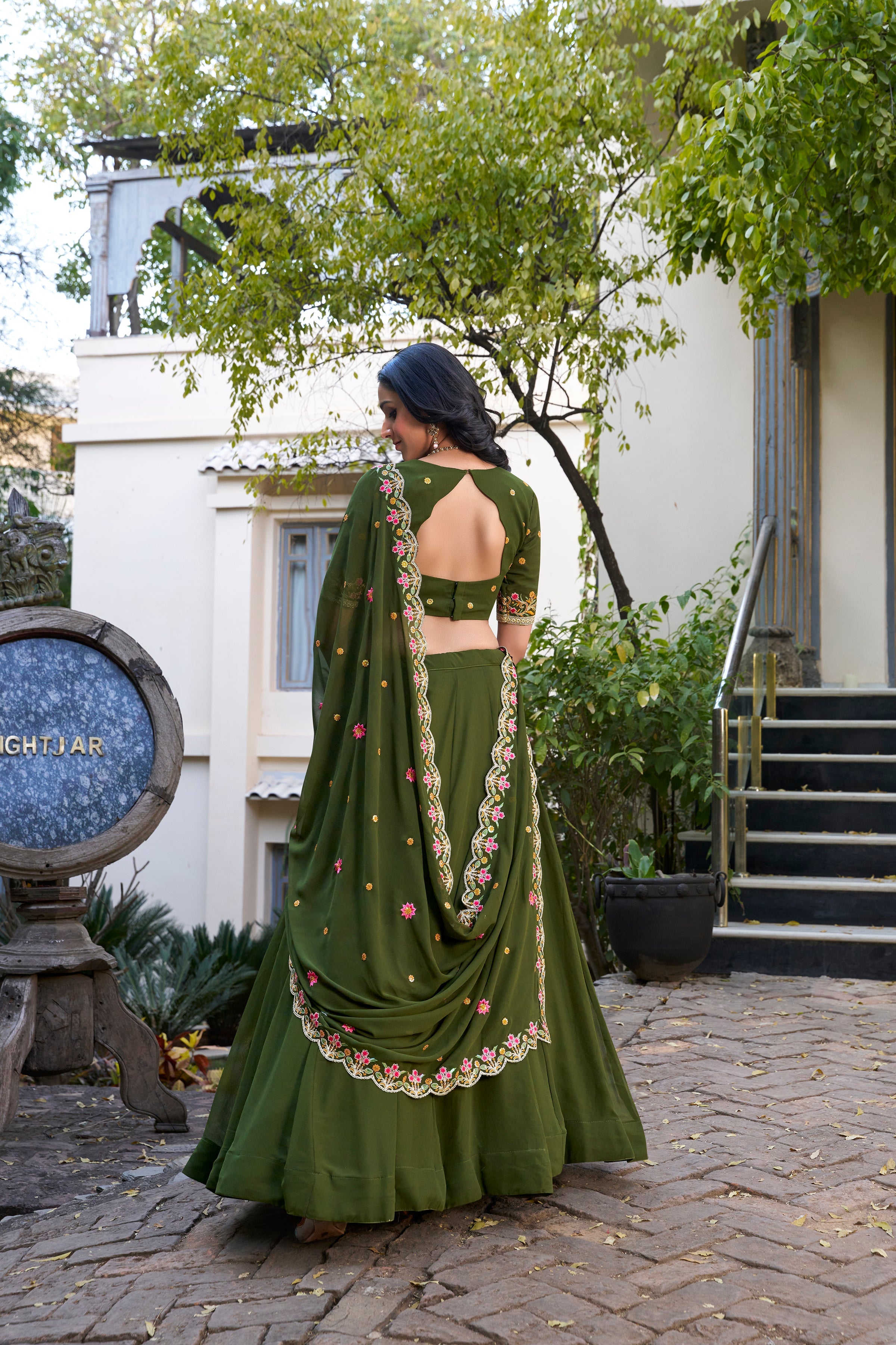 Lorenvalley Mehendi Georgette Plain Lehenga with Sequins and Thread Embroidery Work Choli Dupatta | Grocsy