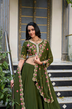 Lorenvalley Mehendi Georgette Plain Lehenga with Sequins and Thread Embroidery Work Choli Dupatta | Grocsy