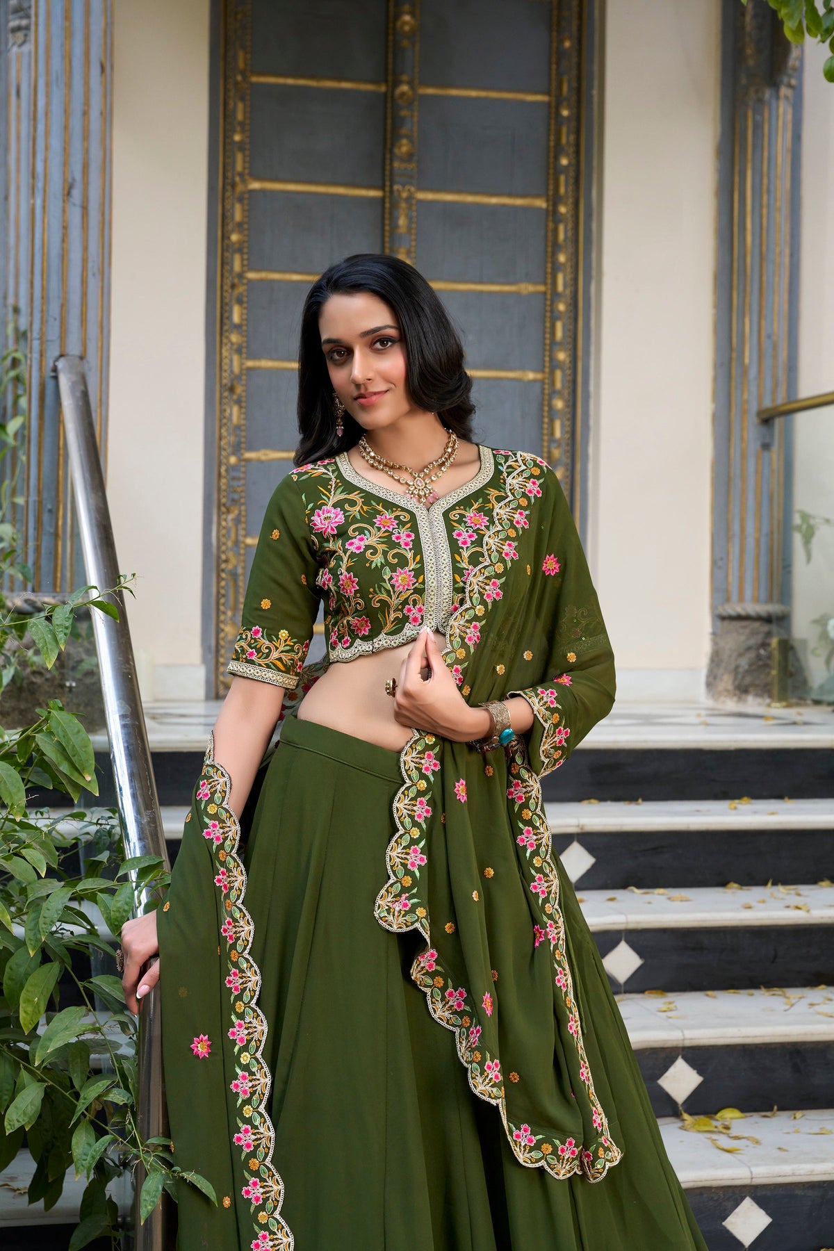 Lorenvalley Mehendi Georgette Plain Lehenga with Sequins and Thread Embroidery Work Choli Dupatta | Grocsy