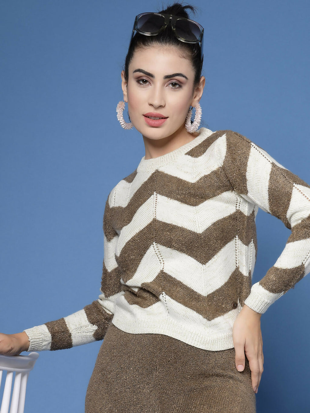 Women Cream Acrylic Stripe & Solid Winter Co-Ord Set - Wool Trees | Grocsy