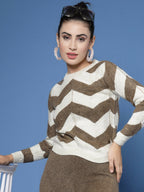 Women Cream Acrylic Stripe & Solid Winter Co-Ord Set - Wool Trees | Grocsy