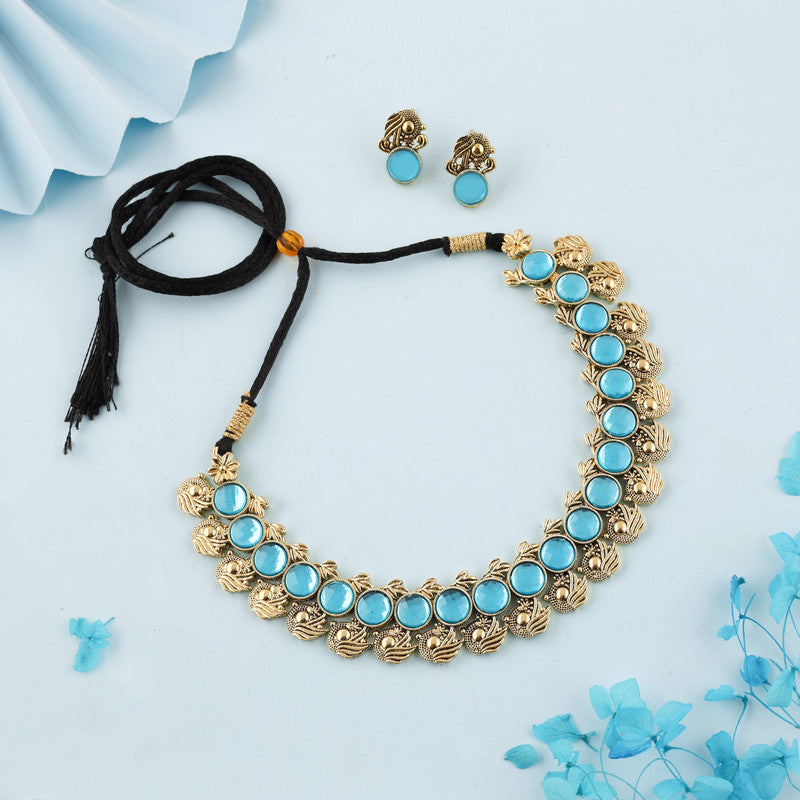Tehzeeb Creations Sky Blue Colour Gold-Polished Stone Jewellery Choker Necklace Set With Matching Pair of Stud Earrings | Grocsy