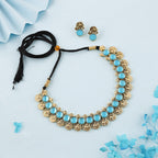 Tehzeeb Creations Sky Blue Colour Gold-Polished Stone Jewellery Choker Necklace Set With Matching Pair of Stud Earrings | Grocsy