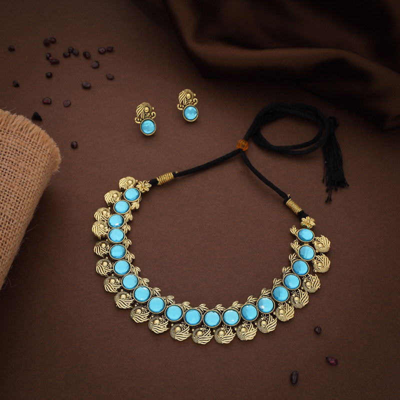 Tehzeeb Creations Sky Blue Colour Gold-Polished Stone Jewellery Choker Necklace Set With Matching Pair of Stud Earrings | Grocsy