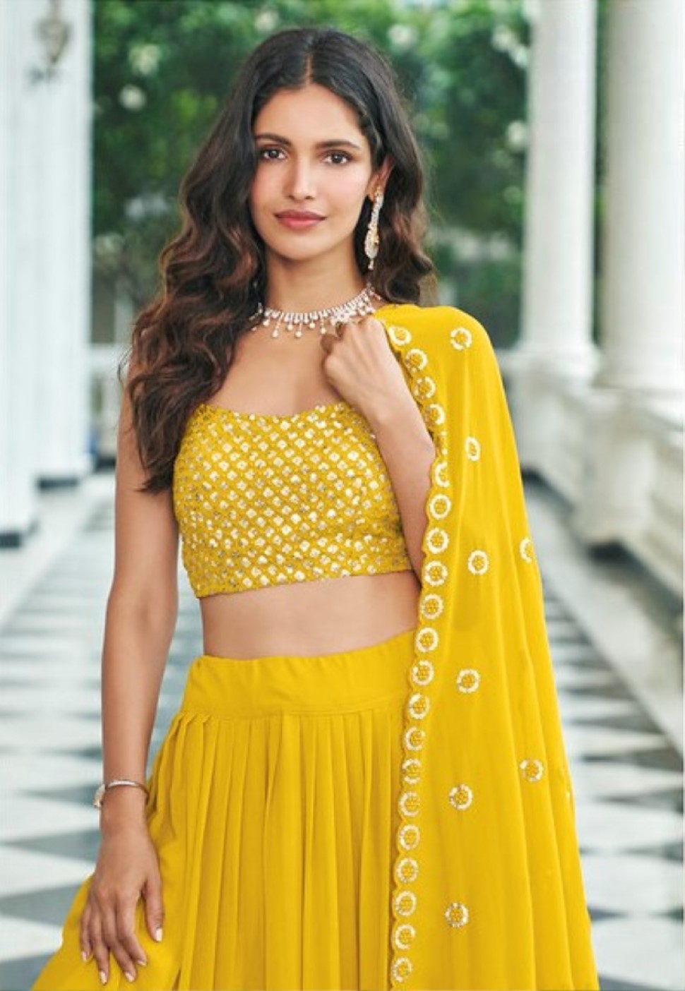 Anaita Yellow Georgette Stitched Lehenga Choli With Sequence & Thread Work | Grocsy