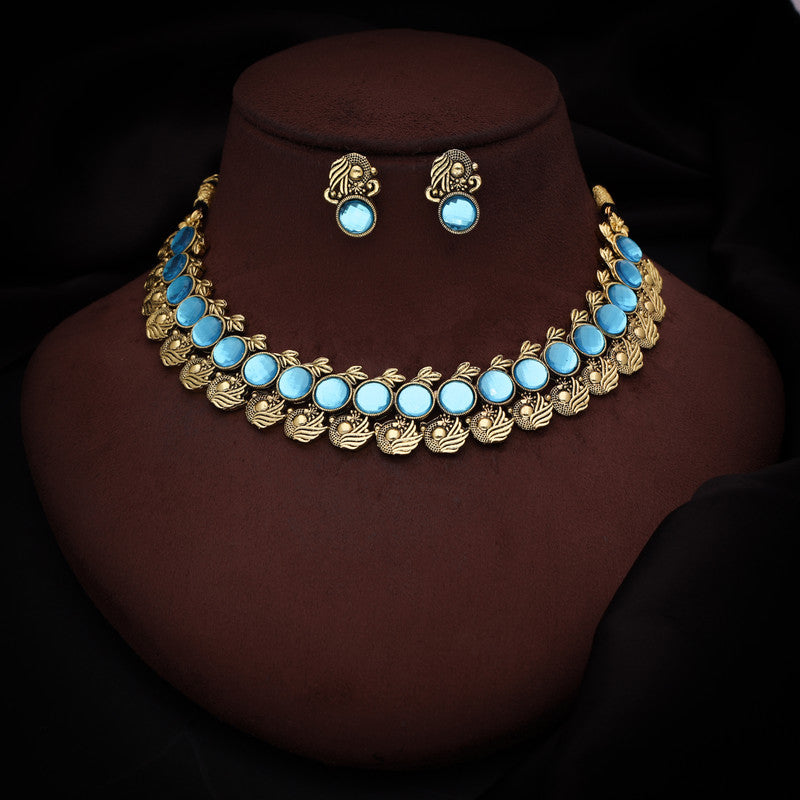 Tehzeeb Creations Sky Blue Colour Gold-Polished Stone Jewellery Choker Necklace Set With Matching Pair of Stud Earrings | Grocsy