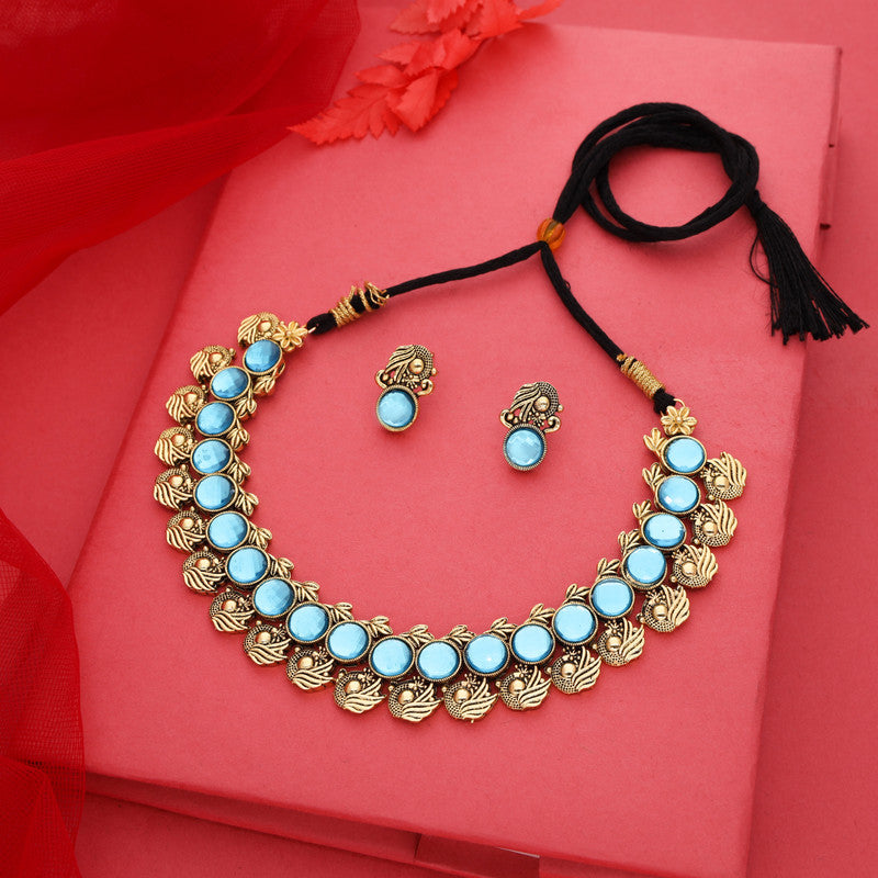 Tehzeeb Creations Sky Blue Colour Gold-Polished Stone Jewellery Choker Necklace Set With Matching Pair of Stud Earrings | Grocsy