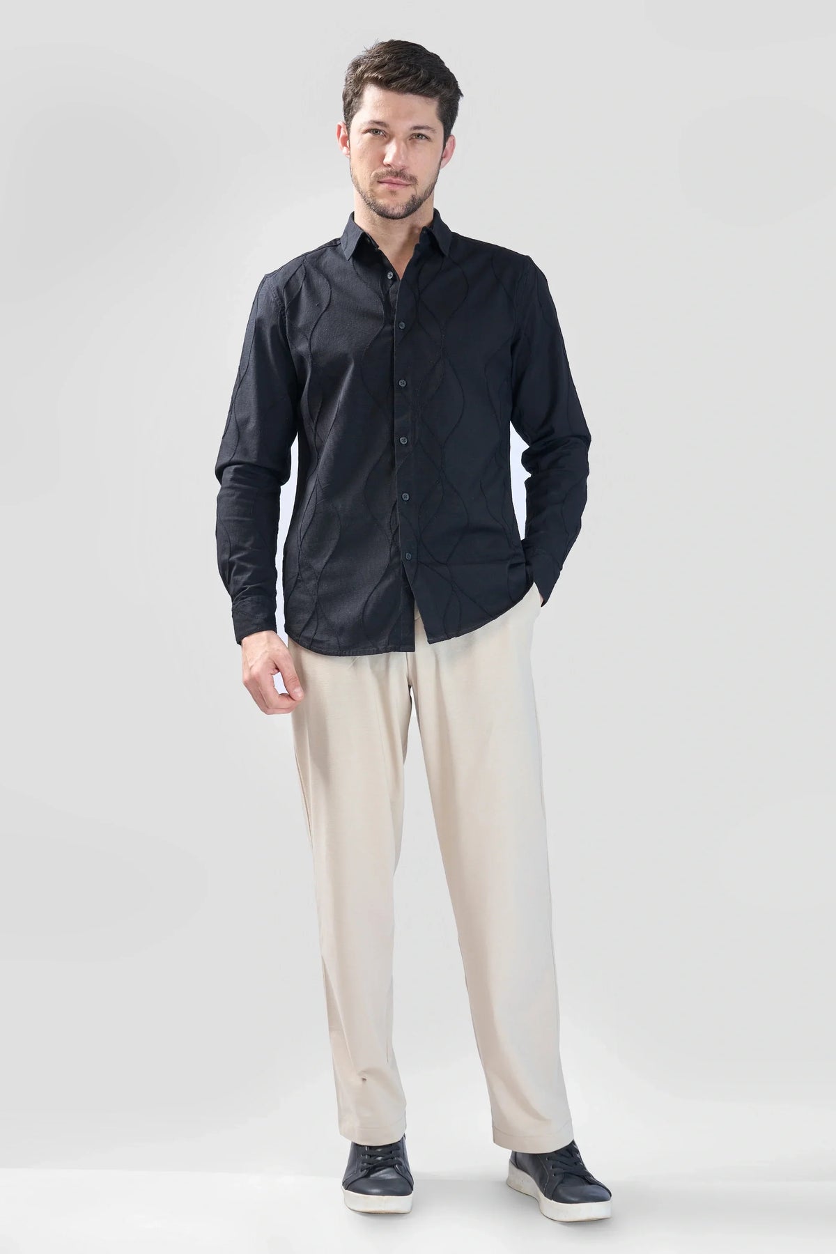 Xkind Black Embroidery Full Sleeve Slim Fit Shirt | Grocsy