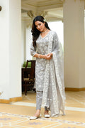 Vaasva Women Grey Linen Embroidered Solid Kurta Set With Solid Pants & Chiffon Embroidered Dupatta | Grocsy