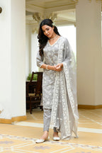 Vaasva Women Grey Linen Embroidered Solid Kurta Set With Solid Pants & Chiffon Embroidered Dupatta | Grocsy
