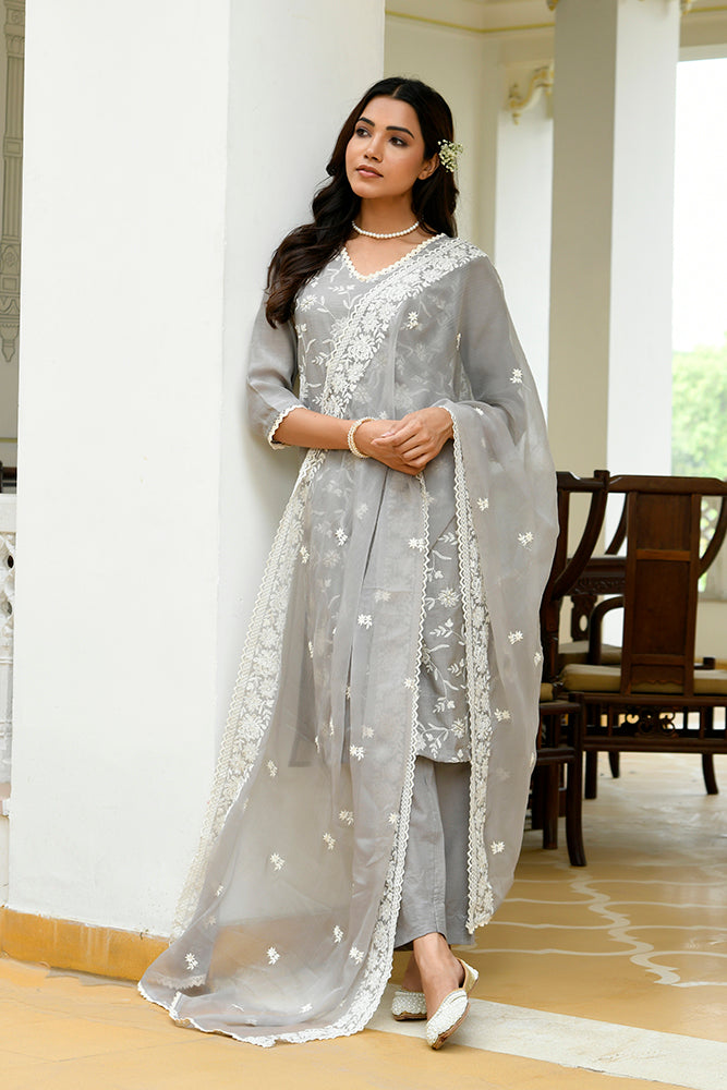 Vaasva Women Grey Linen Embroidered Solid Kurta Set With Solid Pants & Chiffon Embroidered Dupatta | Grocsy
