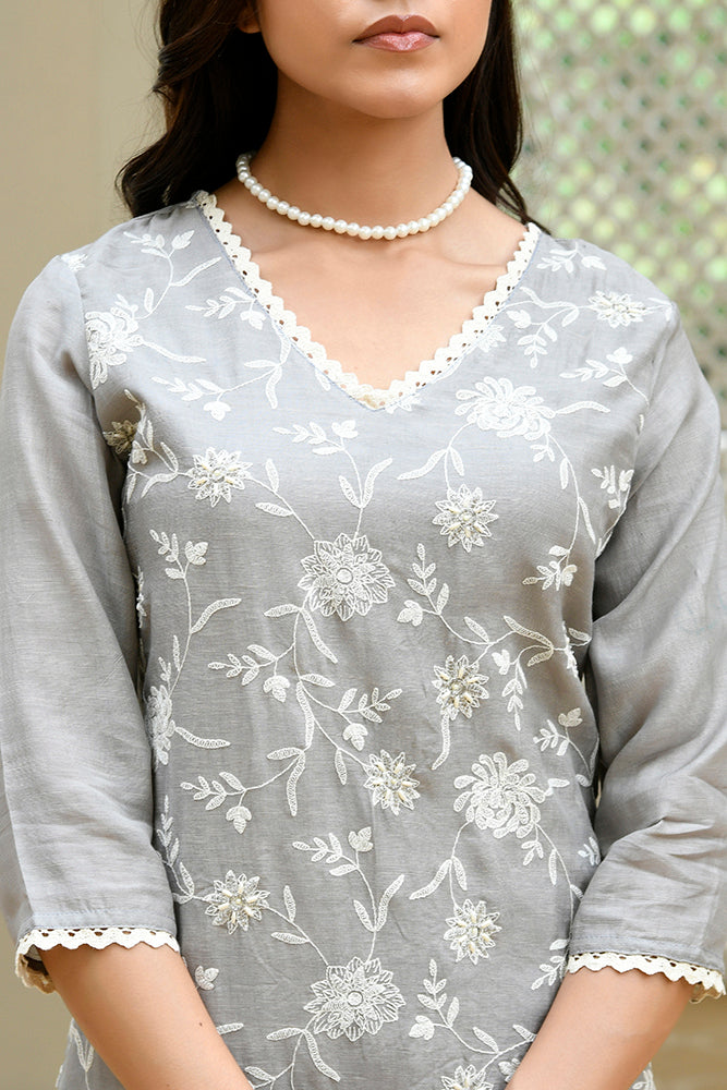 Vaasva Women Grey Linen Embroidered Solid Kurta Set With Solid Pants & Chiffon Embroidered Dupatta | Grocsy