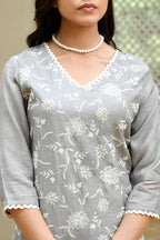 Vaasva Women Grey Linen Embroidered Solid Kurta Set With Solid Pants & Chiffon Embroidered Dupatta | Grocsy