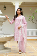 Vaasva Women Pink Linen Embroidered Solid Kurta Set With Solid Pants & Chiffon Embroidered Dupatta | Grocsy