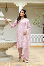 Vaasva Women Pink Linen Embroidered Solid Kurta Set With Solid Pants & Chiffon Embroidered Dupatta | Grocsy