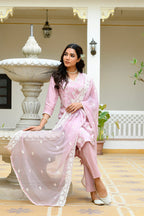 Vaasva Women Pink Linen Embroidered Solid Kurta Set With Solid Pants & Chiffon Embroidered Dupatta | Grocsy