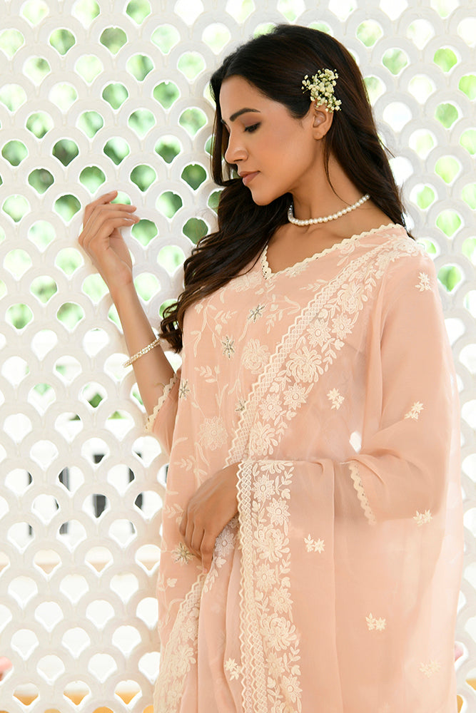 Vaasva Women Peach Linen Embroidered Solid Kurta Set With Solid Pants & Chiffon Embroidered Dupatta | Grocsy