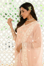 Vaasva Women Peach Linen Embroidered Solid Kurta Set With Solid Pants & Chiffon Embroidered Dupatta | Grocsy