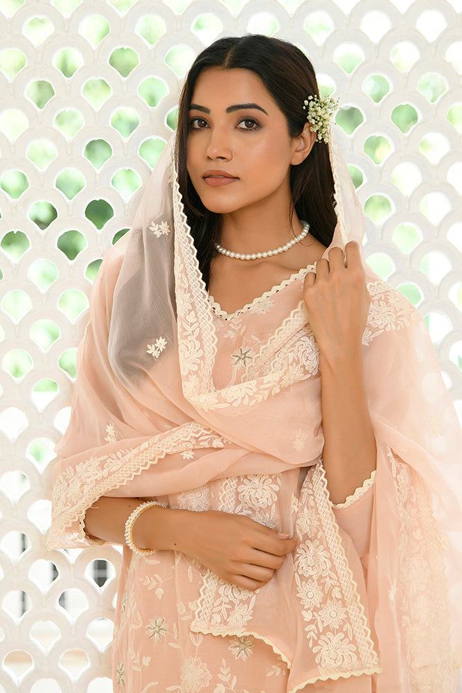 Vaasva Women Peach Linen Embroidered Solid Kurta Set With Solid Pants & Chiffon Embroidered Dupatta | Grocsy