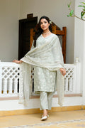 Vaasva Women Pista Linen Embroidered Solid Kurta Set With Solid Pants & Chiffon Embroidered Dupatta | Grocsy