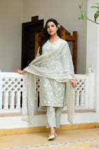 Vaasva Women Pista Linen Embroidered Solid Kurta Set With Solid Pants & Chiffon Embroidered Dupatta | Grocsy