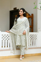 Vaasva Women Pista Linen Embroidered Solid Kurta Set With Solid Pants & Chiffon Embroidered Dupatta | Grocsy