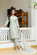 Vaasva Women Pista Linen Embroidered Solid Kurta Set With Solid Pants & Chiffon Embroidered Dupatta | Grocsy