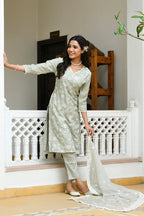 Vaasva Women Pista Linen Embroidered Solid Kurta Set With Solid Pants & Chiffon Embroidered Dupatta | Grocsy