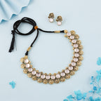 Tehzeeb Creations White Colour Gold-Polished Stone Jewellery Choker Necklace Set With Matching Pair of Stud Earrings | Grocsy