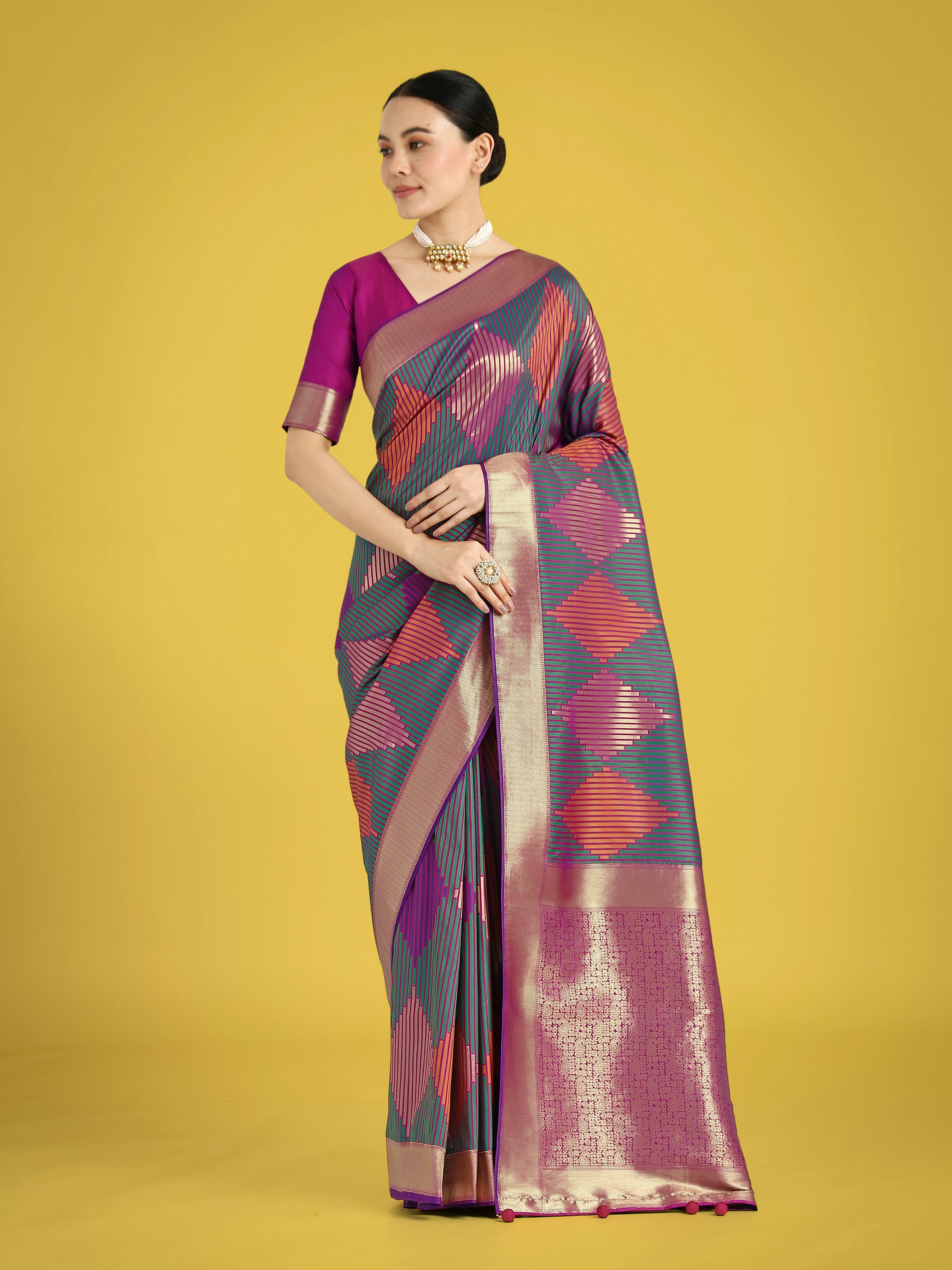 Monjolika Fashion Multi Colour Banarasi Silk Zari Weaving Classic Saree | Grocsy