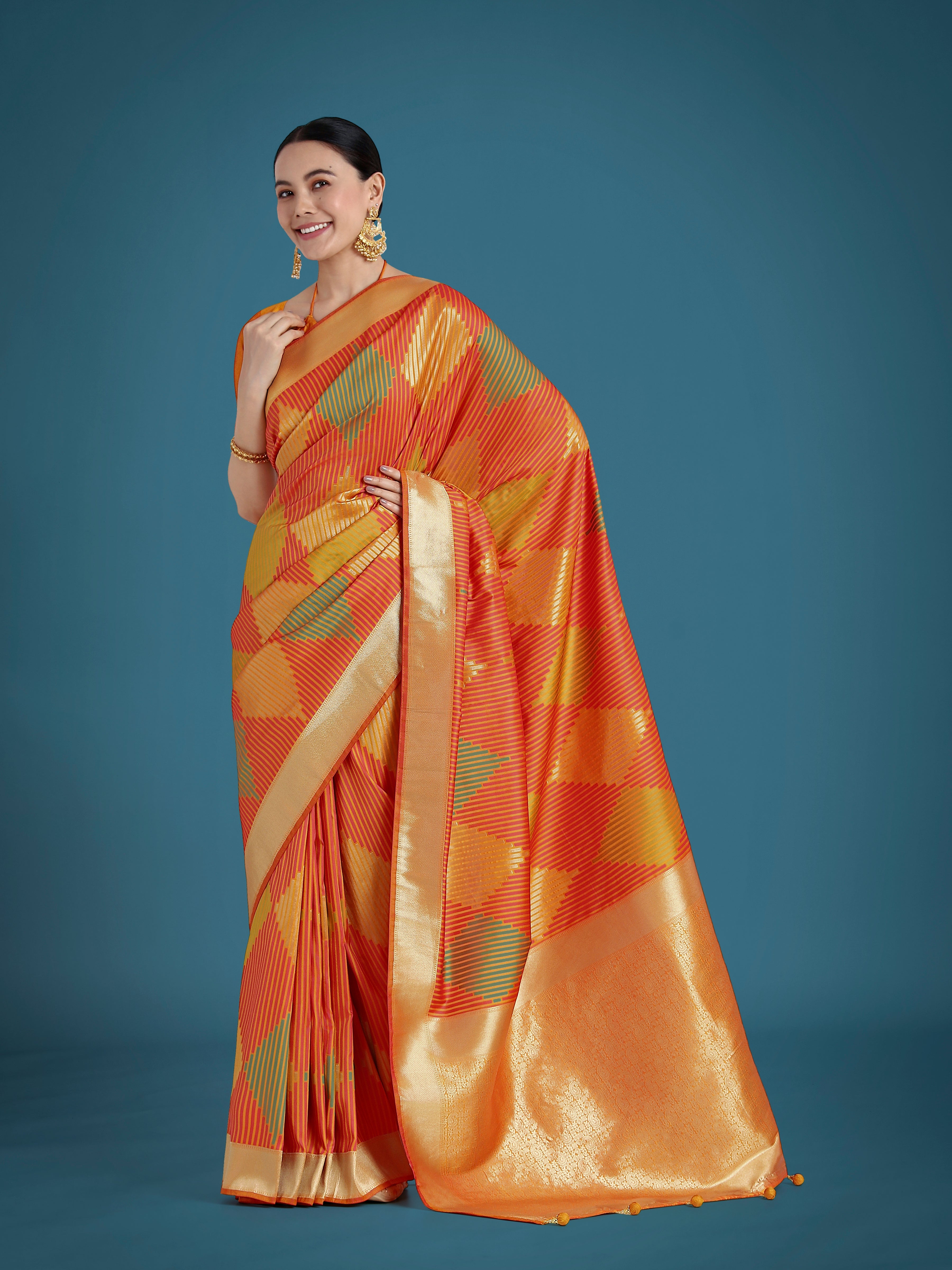 Monjolika Fashion Orange Colour Banarasi Silk Zari Weaving Classic Saree | Grocsy
