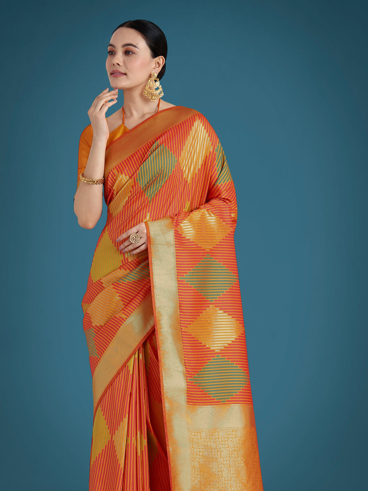 Monjolika Fashion Orange Colour Banarasi Silk Zari Weaving Classic Saree | Grocsy