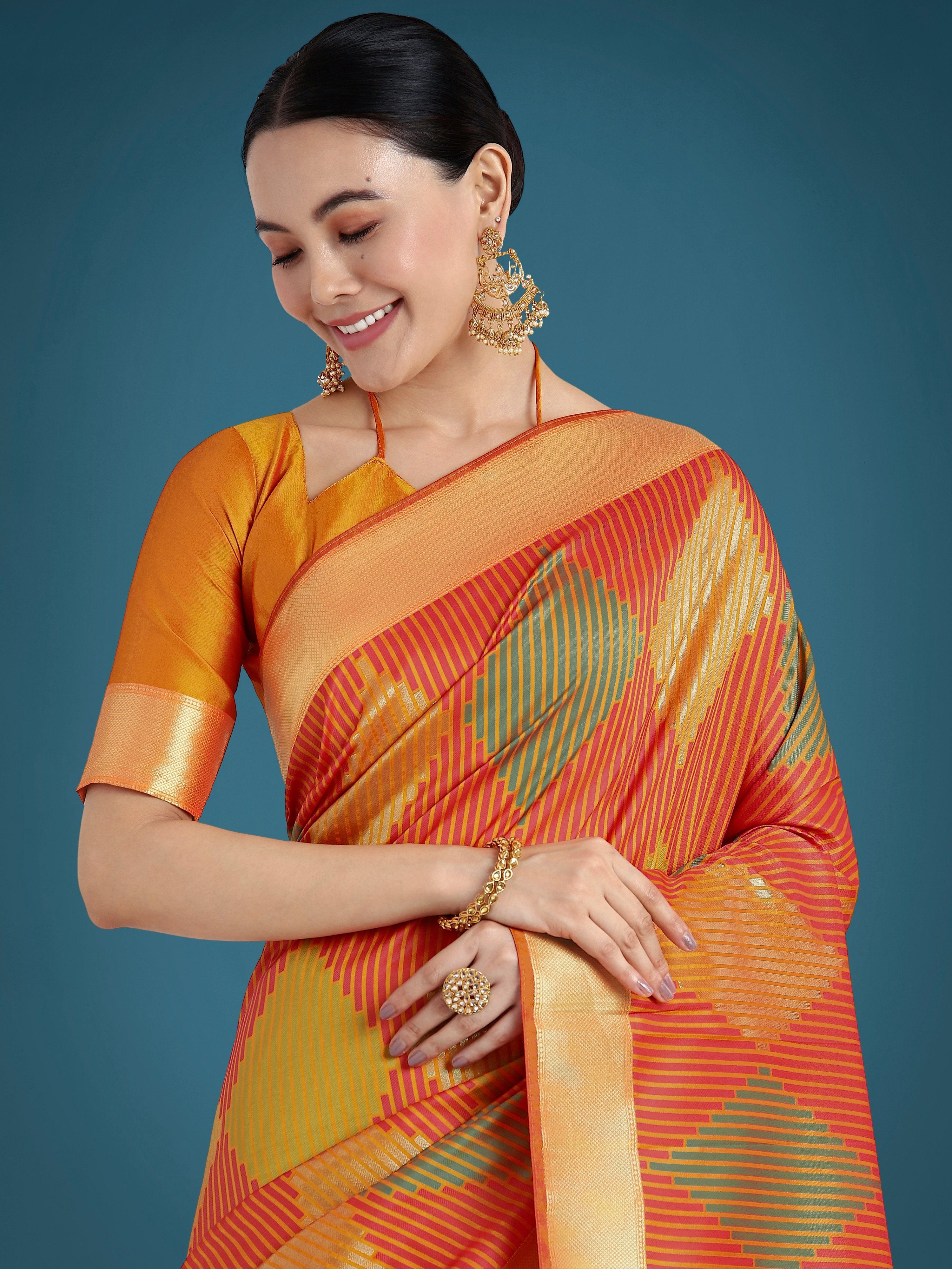 Monjolika Fashion Orange Colour Banarasi Silk Zari Weaving Classic Saree | Grocsy